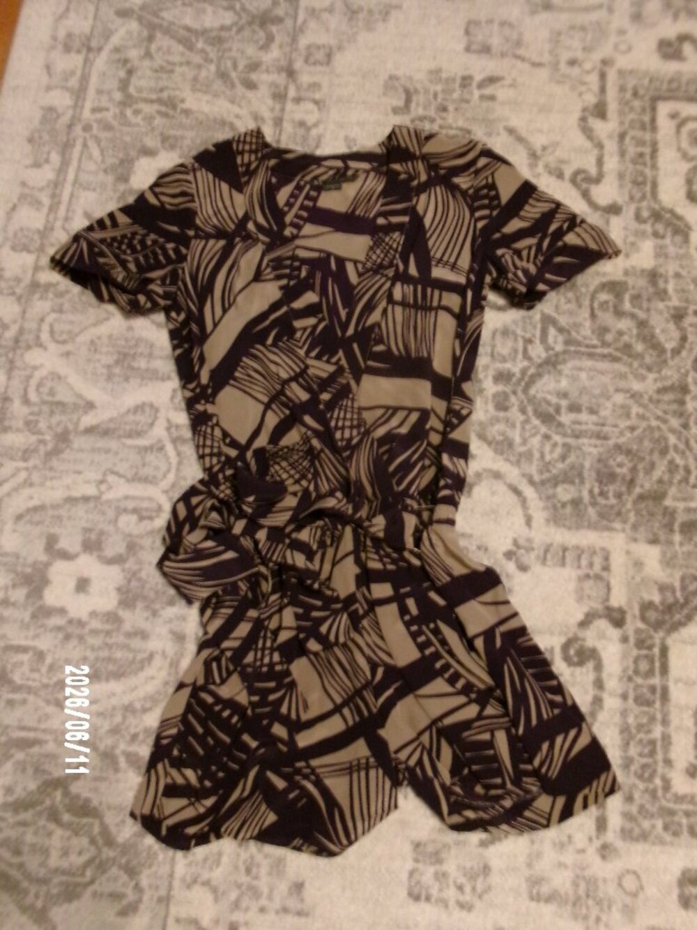 Exc A/X Armani Exchange Purple & Tan Tie Waist Romper Size 2 100% Silk Pockets!